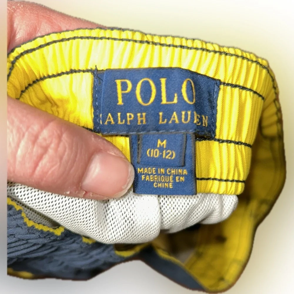 Polo Ralph Lauren Kids Big Pony Navy Yellow Striped Board Shorts Swim Trunks M